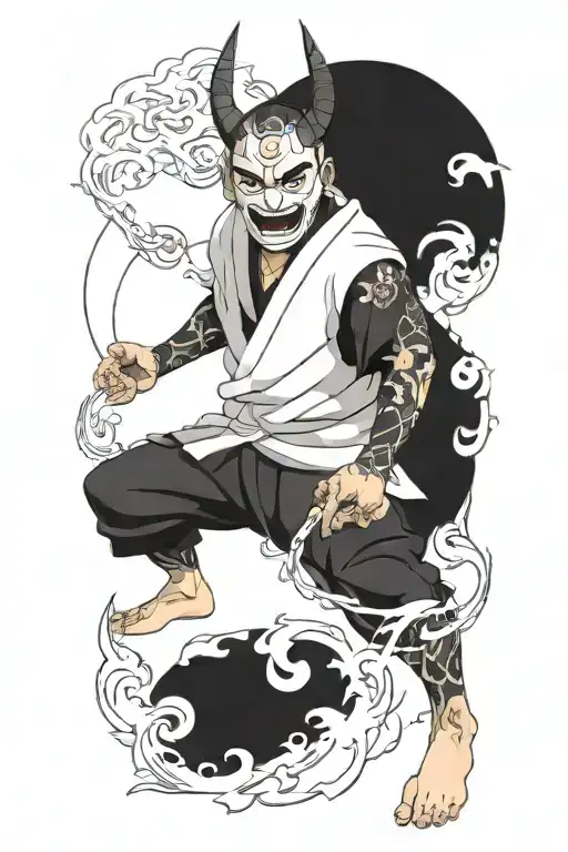 Anime Character Full Body Wearing A Oni Mask Fighting Off Inner Demons With Minimal Black Areas