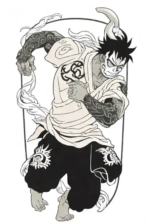 Anime Character Full Body Wearing A Oni Mask Fighting Off Inner Demons With Minimal Black Areas