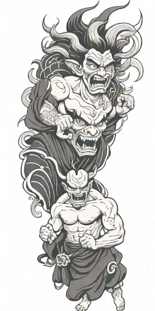 Male Anime Character Oni Mask Fighting Off Inner Demons With Minimal Black