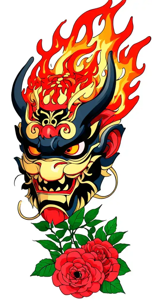 Flowers And Roses Oni Demon Mask With Fire