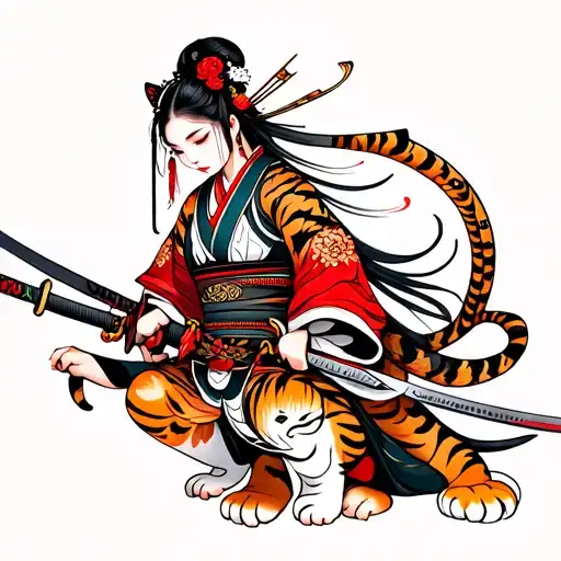 Female Samurai With Sword And Tiger