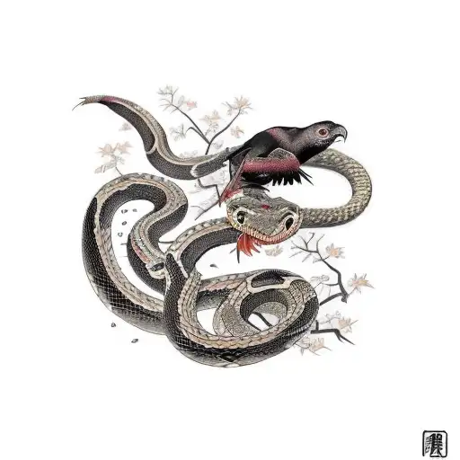 A Snake And A Raven Fighting Each Other