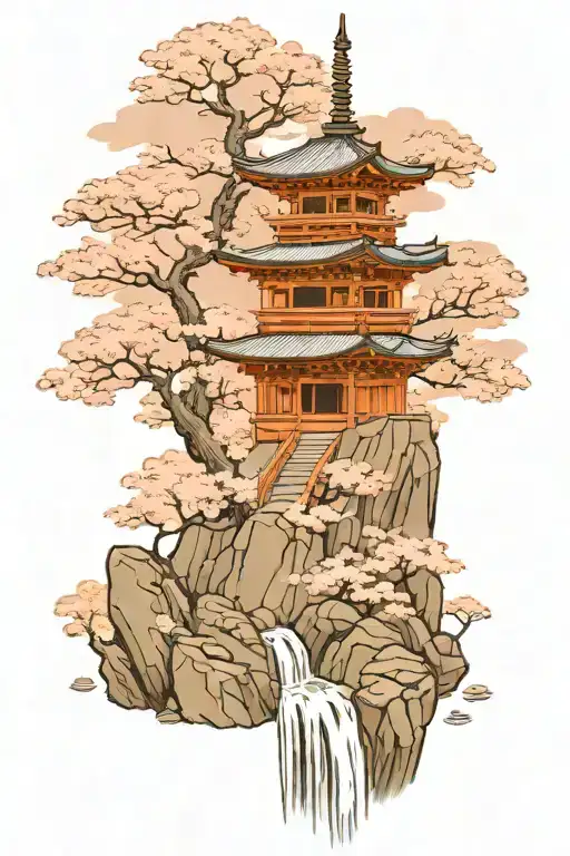 Pagoda On Top Of Cliff With Waterfall And Cherry Blossoms In Greyscale