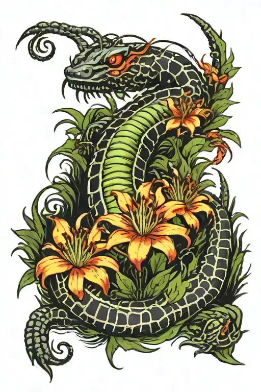 Centipede Crawling Down In A Field Of Spider Lily