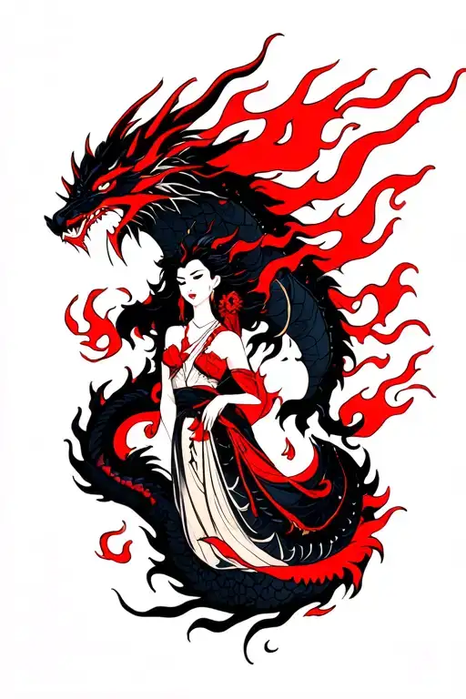 A Devil Woman And A Dragon With Flames Of Red