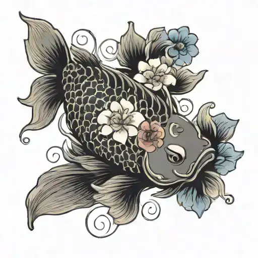 Flowers And Koi Fish