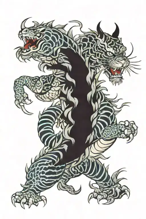 Dragon And Tiger Walking Through Bushes