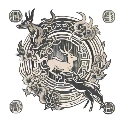 Nara Clan Symbol Surrounded By Deer With Shadows Around It