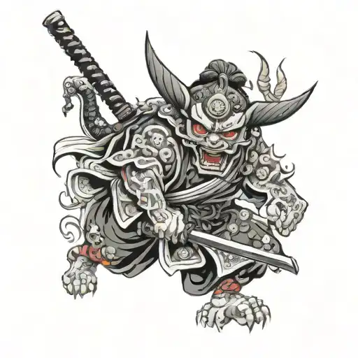 Oni Samurai Holding A Gun Twin Blades On His Back