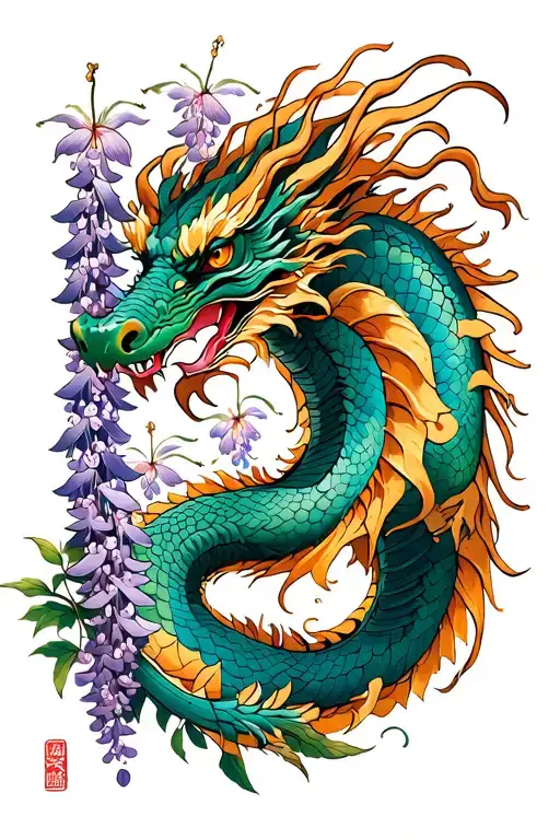 Dragon And Wisteria Flowers Entangled