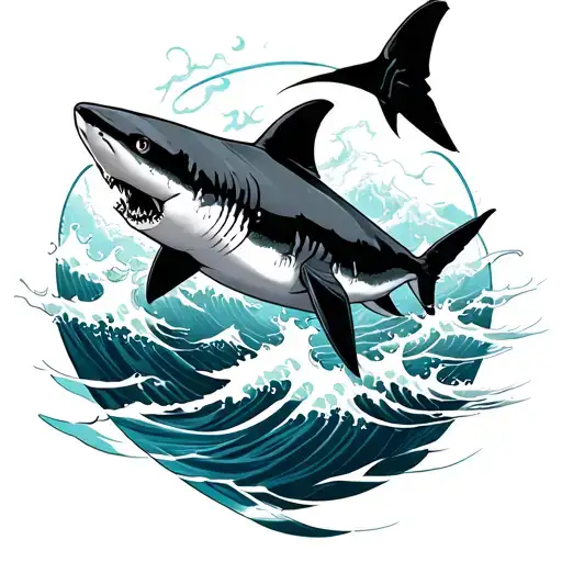 Black And Grey Shark Swimming With Scars And Waves Behind It