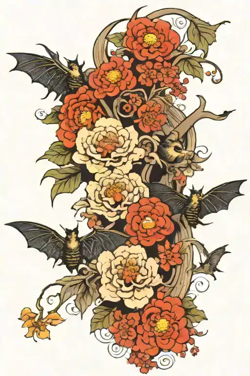 Flowers And Bats Flying For A Back Piece