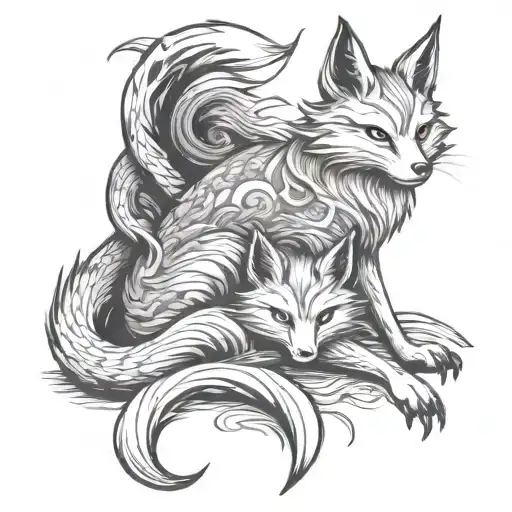 9 Tailed Fox With Son Sitting