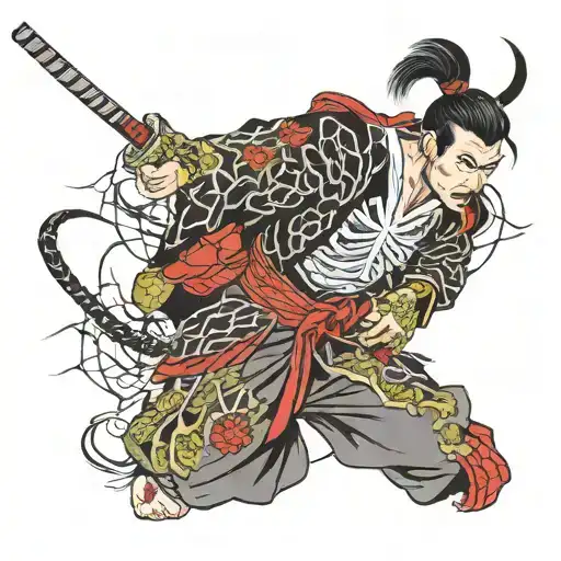 Traditional Japanese Samurai With Spiders And Spider Webs Around