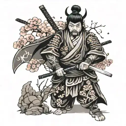 Cherry Blossoms Samurai Warrior Holding Sword