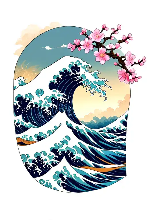 A Sleeve Tattoo Inspired By The Great Wave Of Kanagawa With Cherry Blossom Flowers