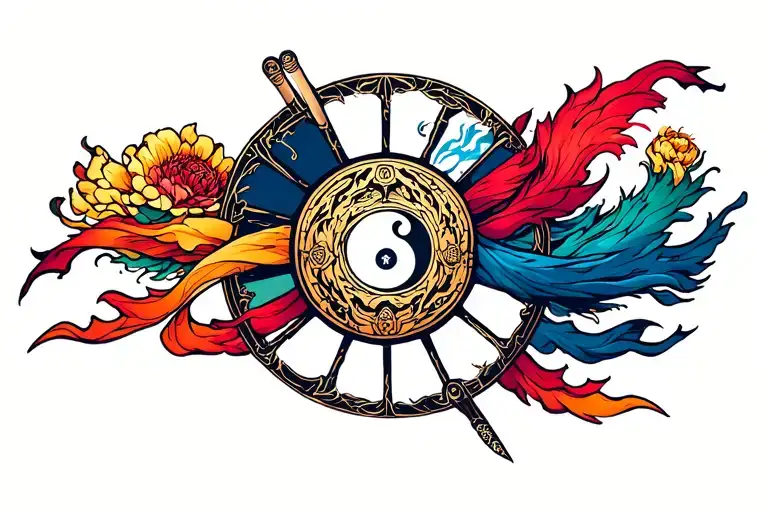 Wheel Of Time Banner Ribbon Across Arm With All 7 Ajah Colors And A Ying Yang Symbol