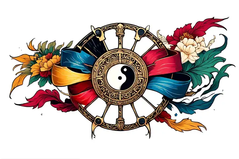 Wheel Of Time Banner Ribbon Across Arm With All 7 Ajah Colors And A Ying Yang Symbol