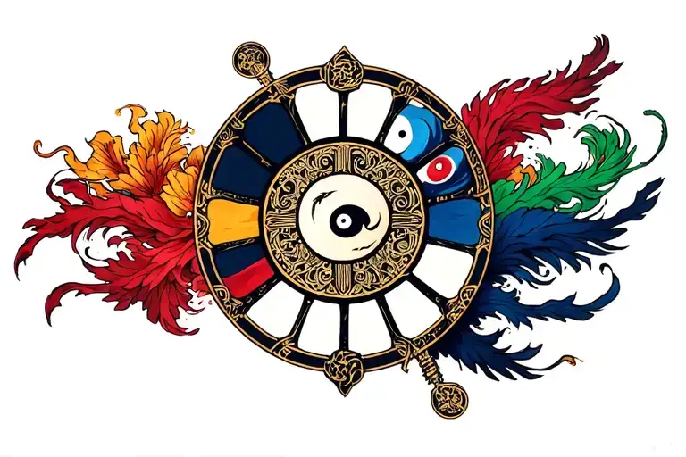 Wheel Of Time Banner Across Arm With All 7 Ajah Colors And A Ying Yang Symbol
