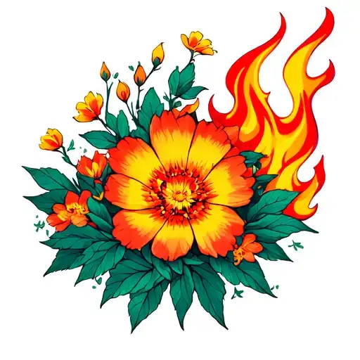 Fire Burning Wild Flowers Growing