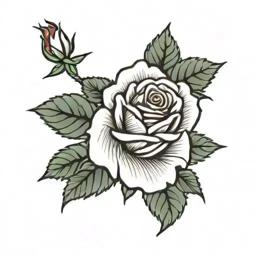 Line Out Line Black Tattoo Of Rose Flower With Leaves