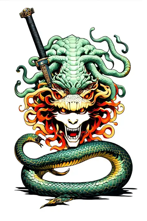 Katana With A Snake Wrappened And Below A Medusa Head