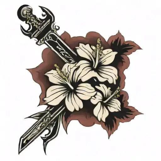 Forearm Band Tattoo Made Up Of Hibiscus Flowers And Swords