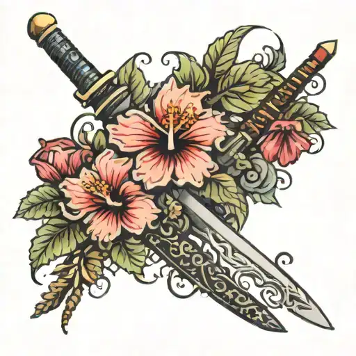 Band Tattoo Made Up Of Hibiscus Flowers And Swords