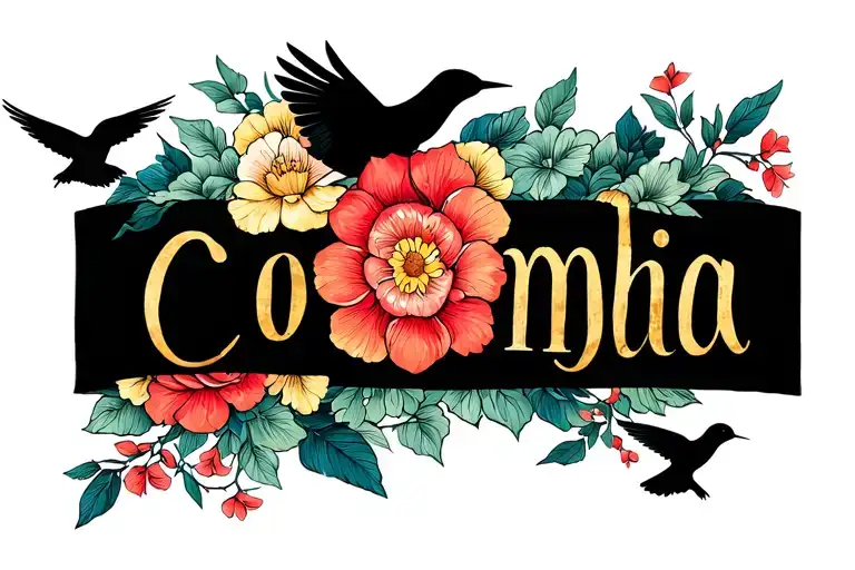 Name Colombia With Flowers And Birds Flying