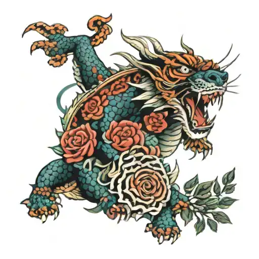 A Dragon Fighting With A Tiger And Some Roses All Around And A Third Eye