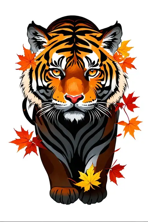 Tiger And Autumn Leaves