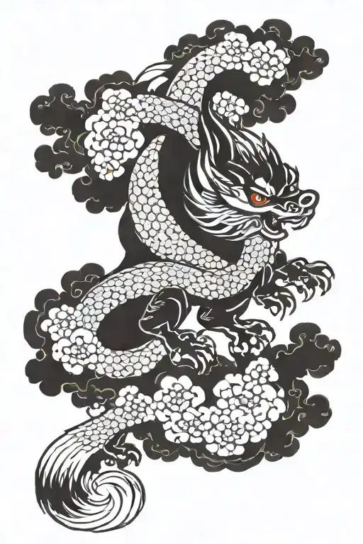 Kitsune Dragon Japan Cloud Traditional Tattoo Design