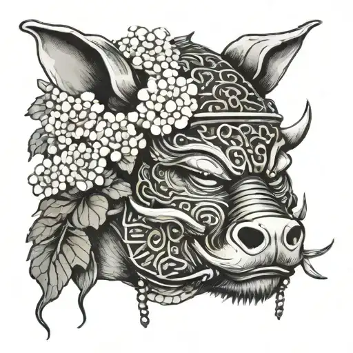 Samurai Helmet Boar With Hydrangea Flower