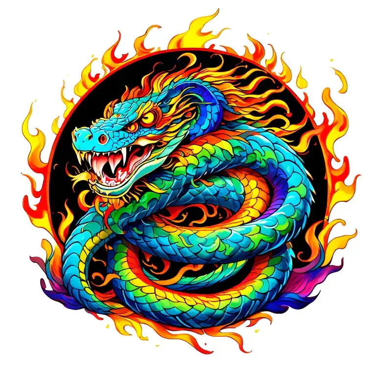 Rainbow Serpent Flying Flames Surrounding