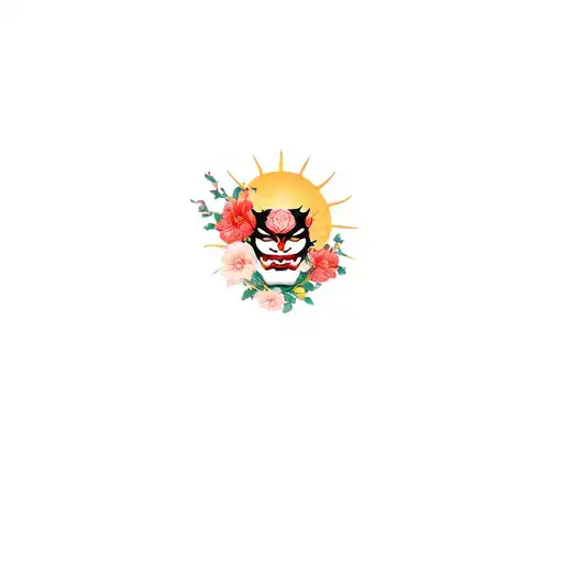 Japanese Flowers With Hannya's Mask And A Sun