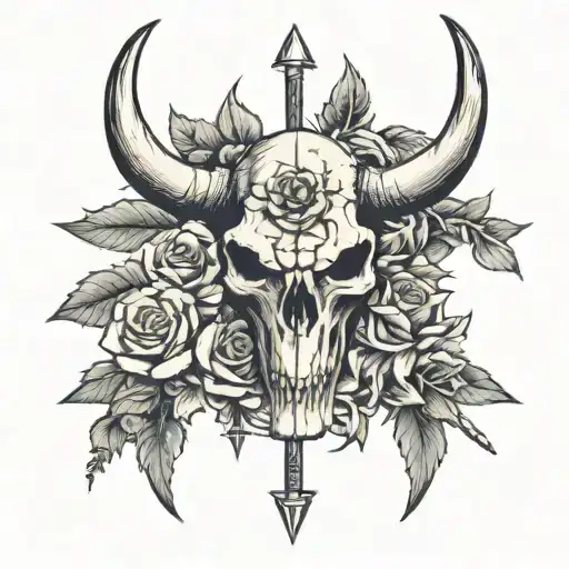 Bull Skull And Roses With Crossed Arrows