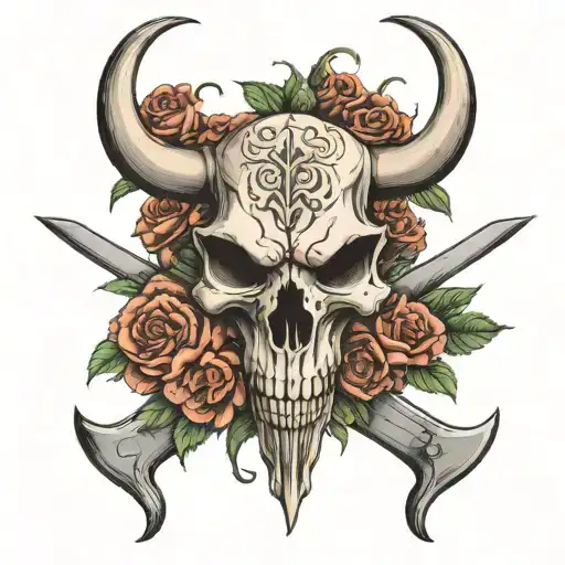 Bull Skull And Roses With Crossed Axes Visible