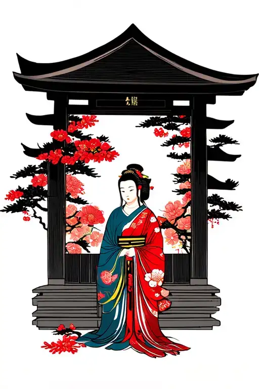 Buddha And Geisha In Front Of Shinto Shrine