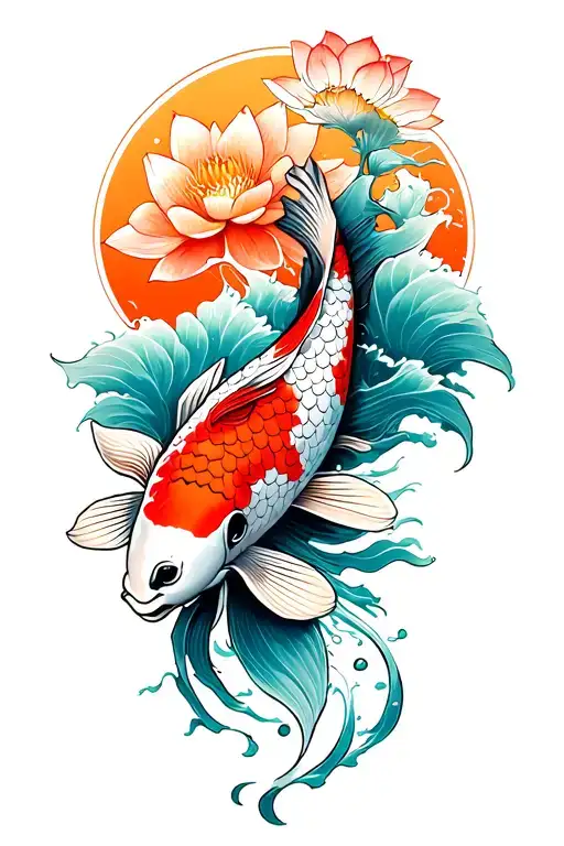 Koi Fish With Lotus Flowers And Circular Wave
