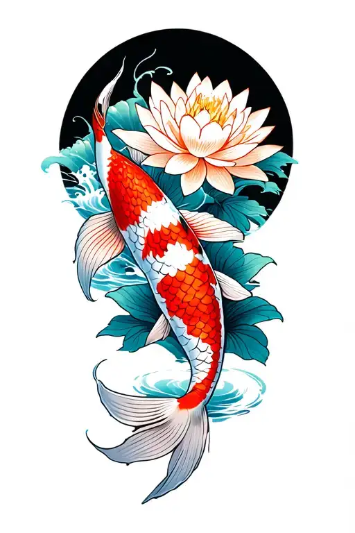 Koi Fish With Lotus Flowers And Circular Wave
