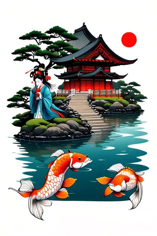 Japanese Temple With A Downstream River With A Geisha And Two Kois