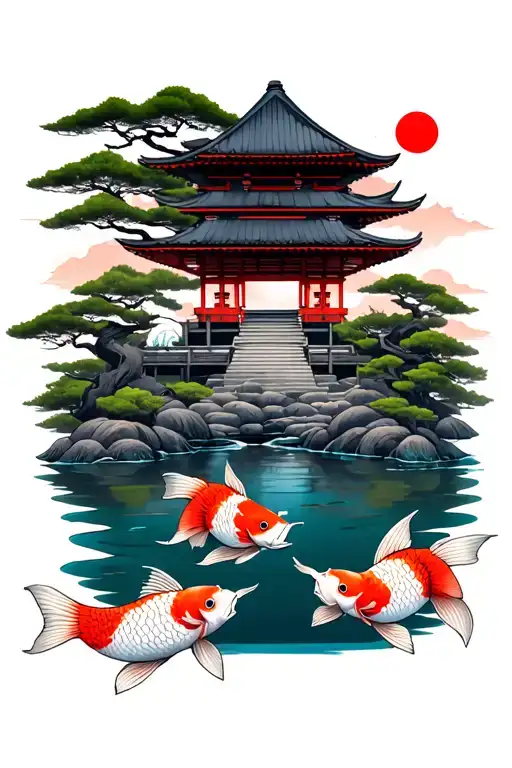 Japanese Temple With A Downstream River With A Geisha And Two Kois