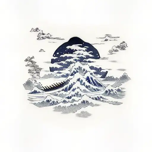 Gorillaz Floating Windmill Island Next To Rising Sun With The Great Wave Of Hokusai