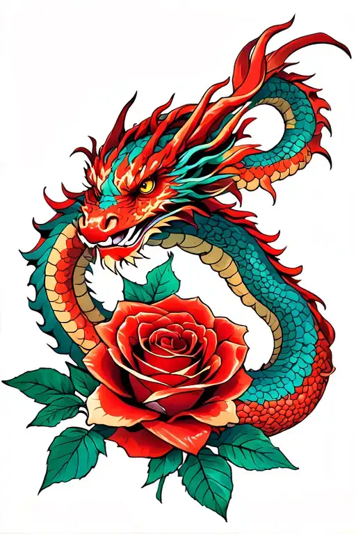 Bright Colored Red Dragon Wrapped Around A Red Rose