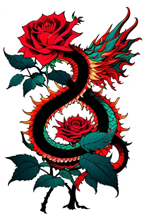 Bright Colored Red Dragon Wrapped Around A Red Rose Plant With Large Thorns