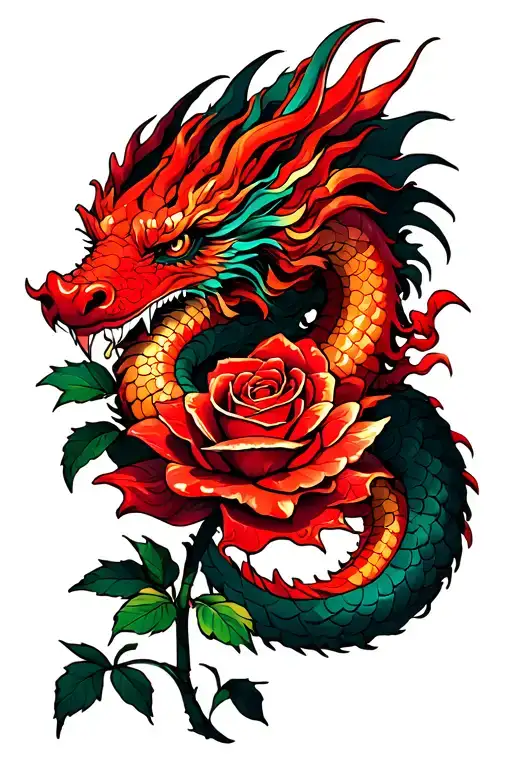 Bright Colored Red Dragon Wrapped Around A Red Rose Plant