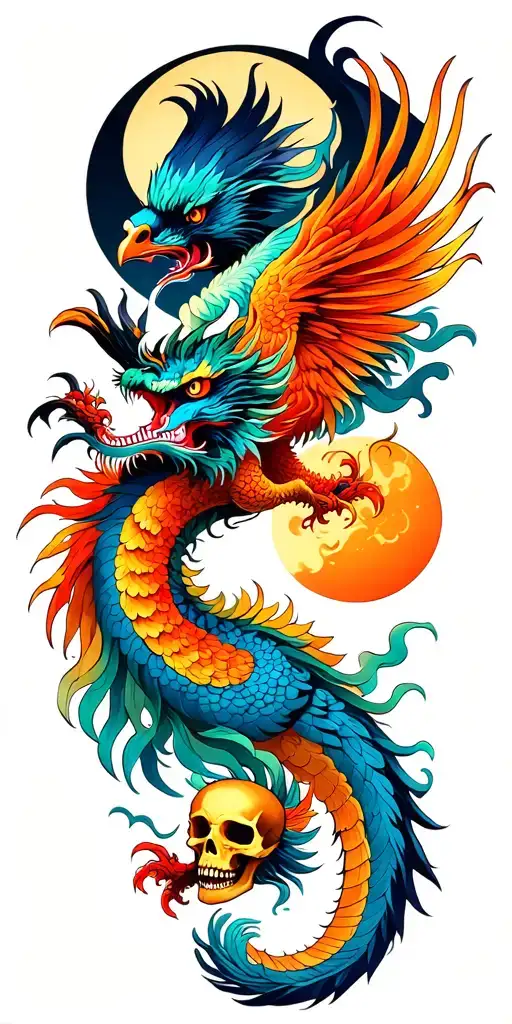 Chinese Dragon And Phoenix And Skull And Moon And Raven