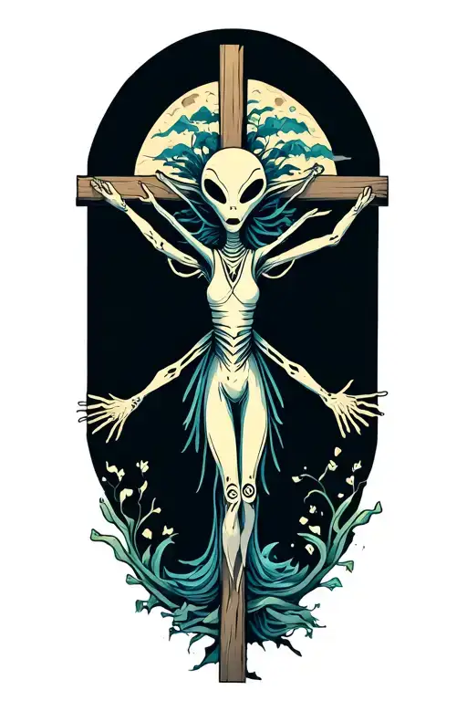 Alien Scarecrow With Arms Spread On A Cross