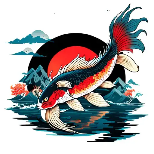 Dragons Koi Fish In Mountain Rising Sun And Moon
