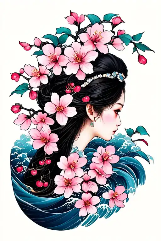 Cherry Blossoms Wrapped And Waves